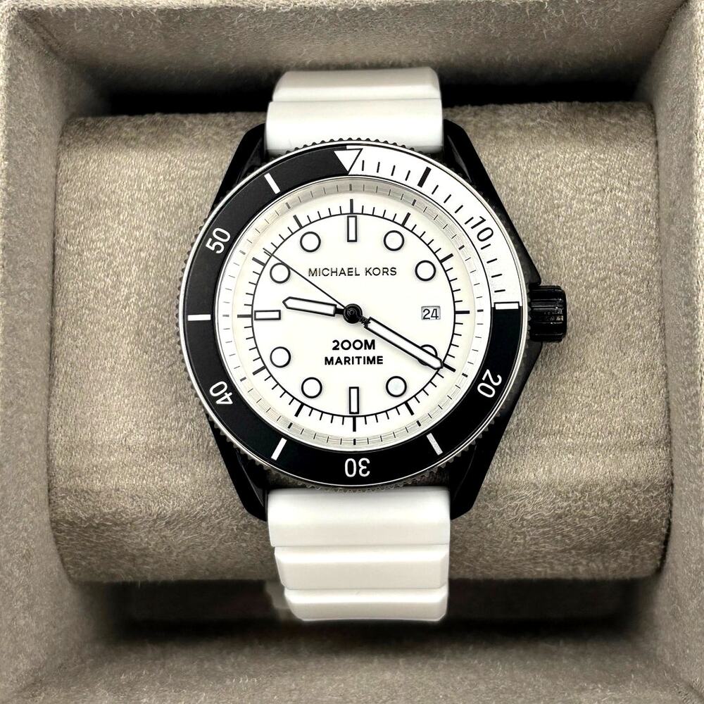 Michael Kors MK9159 Maritime 42mm White Silicone Strap Mens Dive Style Watch NIB - Picture 3 of 17